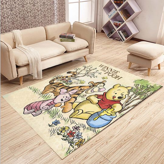Winnie the Pooh Friends Patterned Rug, Cartoon Bear Themed Children's Room Rug, Soft Washable Decorative Rug