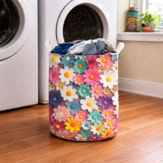 Colorful Floral Laundry Basket, Bright Flower Pattern Hamper, Boho Decorative Storage Basket for Bathroom Bedroom Laundry Room