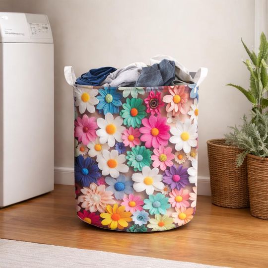 Colorful Floral Laundry Basket, Bright Flower Pattern Hamper, Boho Decorative Storage Basket for Bathroom Bedroom Laundry Room