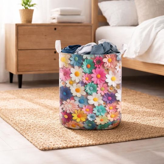 Colorful Floral Laundry Basket, Bright Flower Pattern Hamper, Boho Decorative Storage Basket for Bathroom Bedroom Laundry Room