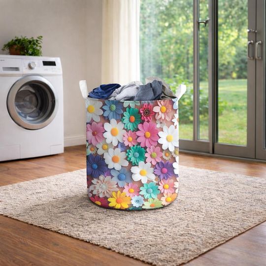 Colorful Floral Laundry Basket, Bright Flower Pattern Hamper, Boho Decorative Storage Basket for Bathroom Bedroom Laundry Room