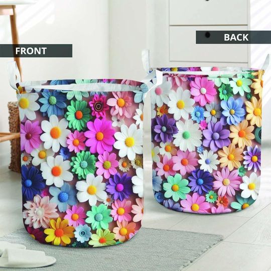 Colorful Floral Laundry Basket, Bright Flower Pattern Hamper, Boho Decorative Storage Basket for Bathroom Bedroom Laundry Room