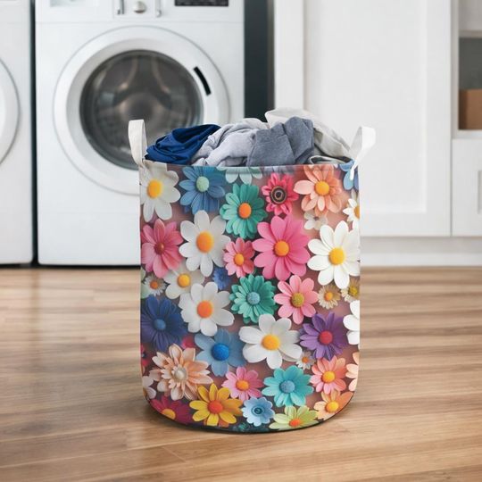 Colorful Floral Laundry Basket, Bright Flower Pattern Hamper, Boho Decorative Storage Basket for Bathroom Bedroom Laundry Room