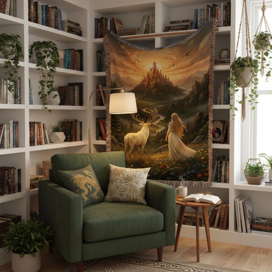 Fantasy Woven Blanket: A Golden Haired Queen & White Stag, Enchanted Forest and Castle