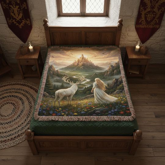 Fantasy Woven Blanket: A Golden Haired Queen & White Stag, Enchanted Forest and Castle
