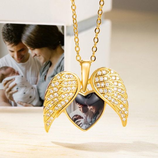 Personalized Sterling Silver Angel Wing Photo Locket Necklace-My Guardian Angel Always Close to My Heart Mother'sDay Gift