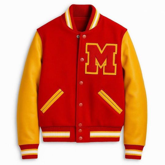 Classic 80s MJ Thriller Varsity Jacket  Red Wool & Yellow Leather Look