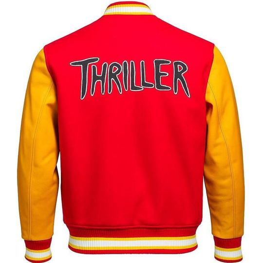 Classic 80s MJ Thriller Varsity Jacket  Red Wool & Yellow Leather Look