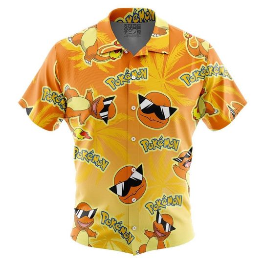 Charmander Pattern PKM Button Up Hawaiian Shirt, Cute Charmander Tropical Button Up Summer Vacation Beach Outfit Fun Shirt