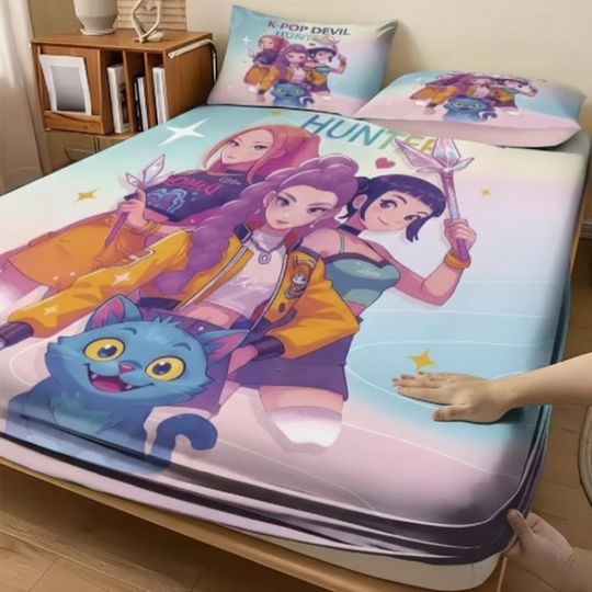 Demon Hunters K-Pop Anime Cartoon Bed Sheet Set, Soft Bedding for Bedroom