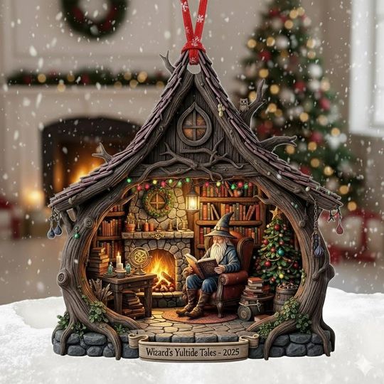 Wizard's Cabin Christmas Acrylic Ornament: Fantasy Bookshelf Decor