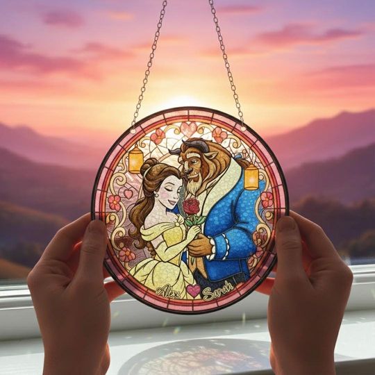 Personalized Beauty and The Beast Stained Glass Suncatcher, Belle Princess Window Hanging, Custom Disney Couple Suncatcher, Valenine Gift