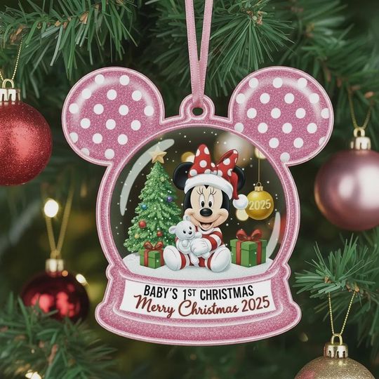 Personalized Disney Minnie Flat Ornament, Custom Mickey Ears Shape Ornament, Disney Merry Christmas Gift, Minnie Snow Globe Xmas Keepsake