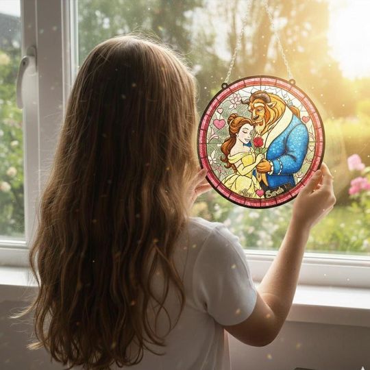Personalized Beauty and The Beast Stained Glass Suncatcher, Belle Princess Window Hanging, Custom Disney Couple Suncatcher, Valenine Gift