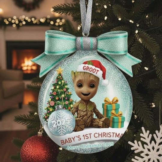 Personalized Groot Baby Christmas 2D Flat Ornament, Custom Name Groot Marvel Keepsake