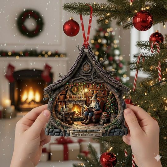 Wizard's Cabin Christmas Acrylic Ornament: Fantasy Bookshelf Decor
