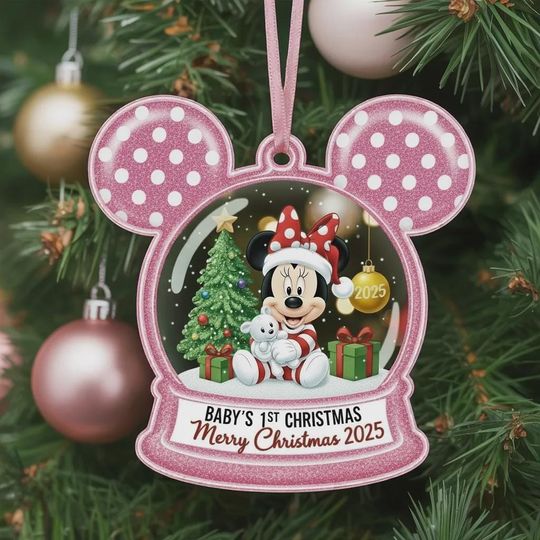 Personalized Disney Minnie Flat Ornament, Custom Mickey Ears Shape Ornament, Disney Merry Christmas Gift, Minnie Snow Globe Xmas Keepsake