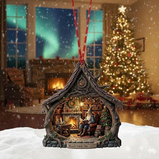 Wizard's Cabin Christmas Acrylic Ornament: Fantasy Bookshelf Decor