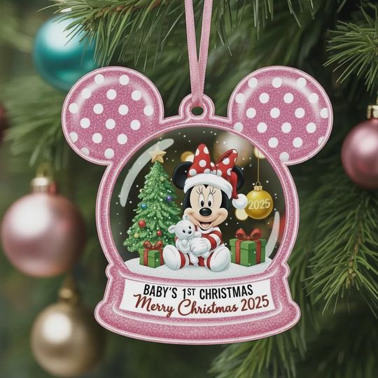 Personalized Disney Minnie Flat Ornament, Custom Mickey Ears Shape Ornament, Disney Merry Christmas Gift, Minnie Snow Globe Xmas Keepsake