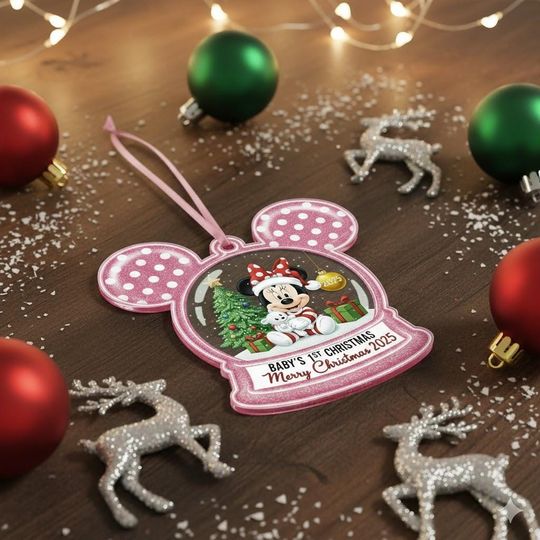Personalized Disney Minnie Flat Ornament, Custom Mickey Ears Shape Ornament, Disney Merry Christmas Gift, Minnie Snow Globe Xmas Keepsake