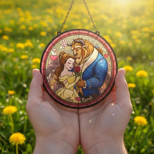 Personalized Beauty and The Beast Stained Glass Suncatcher, Belle Princess Window Hanging, Custom Disney Couple Suncatcher, Valenine Gift