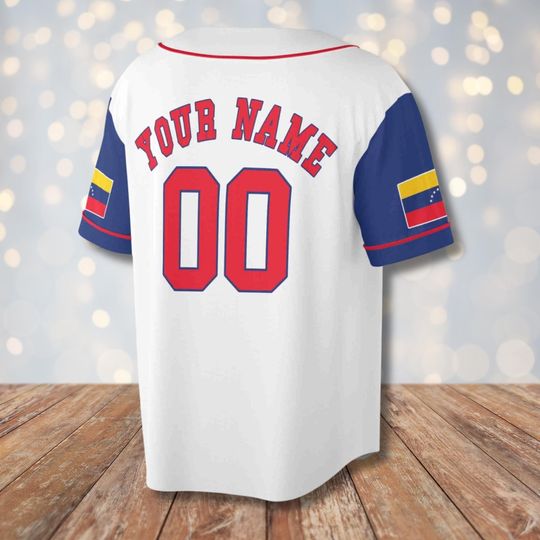 Venezuela Baseball Jersey Custom Name Number, White Button Front with Blue Flag Sleeves, Unisex Uniform, Personalized Country Pride Gift