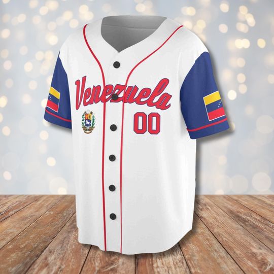 Venezuela Baseball Jersey Custom Name Number, White Button Front with Blue Flag Sleeves, Unisex Uniform, Personalized Country Pride Gift