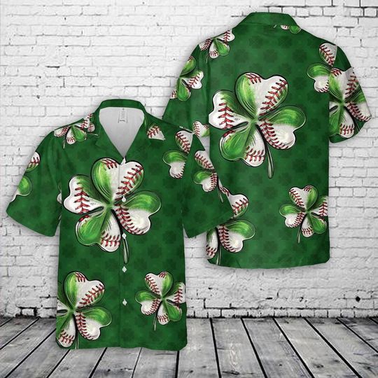 St Patrick Hawaiian Shirt, Shamrock Baseball Shirt, Irish Baseball Hawaiian Shirt, Green Clover Sports Shirt, St Patrick Baseball Gift