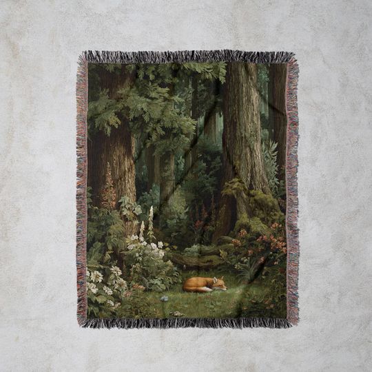 Sleeping Fox Woven Blanket: Cottagecore Forest Tapestry, Rustic Wall Decor