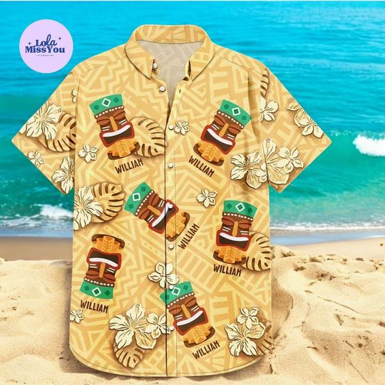 Personalized Tiki Hawaiian Shirt, Custom Name Tropical Button Up, Polynesian Mask Print Shirt