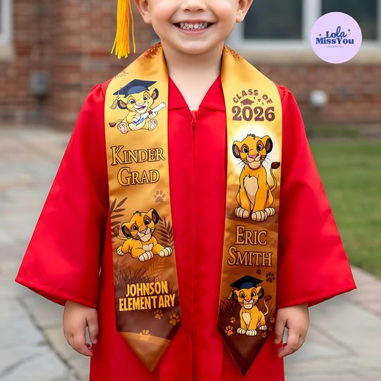 Custom Lion King Graduation Stole, Personalized Simba Disney Kinder Grad Sash, Class of 2026 Stole, Safari Theme Kindergarten Gift.