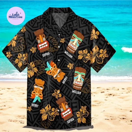 Personalized Tiki Hawaiian Shirt, Custom Name Tropical Button Up, Polynesian Mask Print Shirt