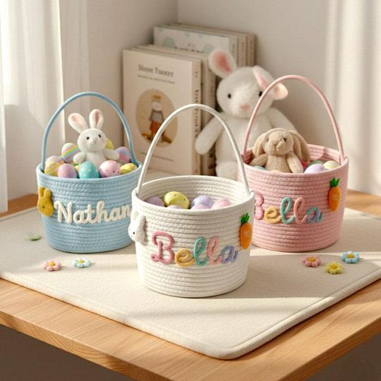 Boho Rope Easter Basket Personalized with Name, Toddler Easter Basket, Handmade Neutral Baby Gift