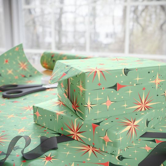 Wrapping Paper Mid-Century Star Christmas | Matte or Glossy | 3 Sizes