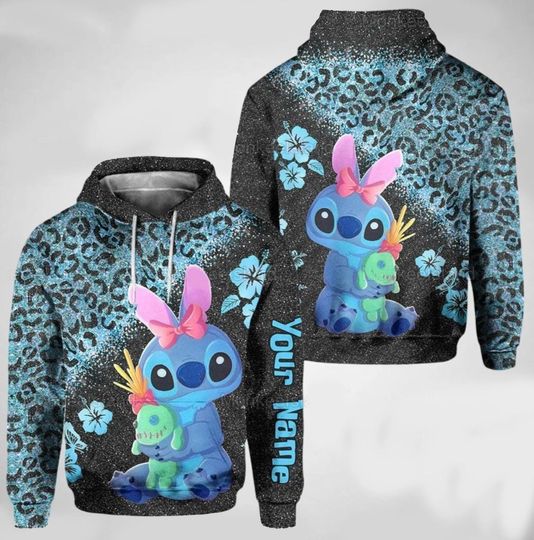 Personalized Stitch Holding Scrump Leopard Pattern Hoodie Unisex 3D AOP Lilo and Stitch Fan Gift