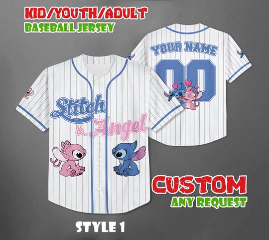 Personalized Stitch and Angel Baseball Jersey, Couple Lovers Shirt