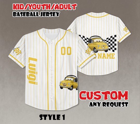 Personalized Luigi Cars Baseball Jersey, Custom Luigi Cars Jersey Shirt, Disney Cars Baseball Team Outfit, Sports Cute Gifts For Fans