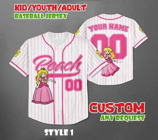 Custom Princess Peach Baseball Jersey, Super Mario Birthday Gift