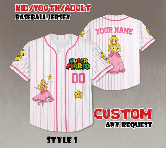 Custom Princess Peach Baseball Jersey, Super Mario Birthday Gift
