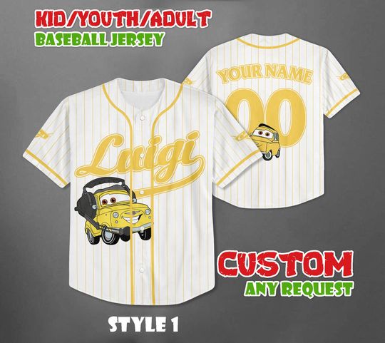 Personalized Luigi Cars Baseball Jersey, Disney Cars Baseball Team Outfit