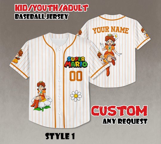 Custom Princess Daisy Baseball Jersey, Super Mario Team Jersey