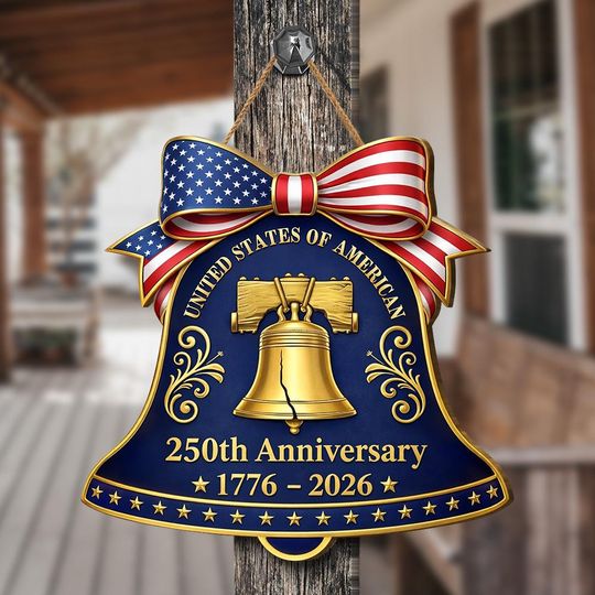 USA 250th Anniversary Liberty Bell Wooden Door Sign, Patriotic Door Hanger, 1776-2026 Decor Home, American Flag Bow Door Sign Wall Hanging