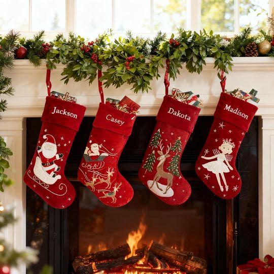Custom Classic Embroidered Christmas Stocking,Personalized Red Velvet Christmas Stocking