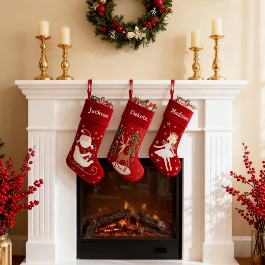 Custom Classic Embroidered Christmas Stocking,Personalized Red Velvet Christmas Stocking