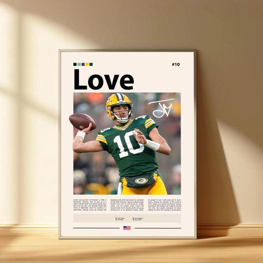 Jordan Love Poster, Green Bay Packers Football Poster, Sports Bedroom Posters