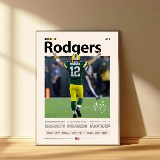 Aaron Rodgers Poster, Green Bay Packers Football Poster, Sports Bedroom Posters