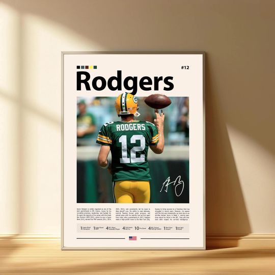 Aaron Rodgers Poster, Green Bay Packers Football Poster, Sports Bedroom Posters