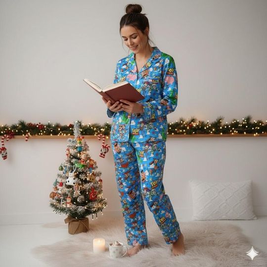 Woody Buzz Rex Hamm Mr Potato Cartoon Satin Sleepwear, Matching Family PJs