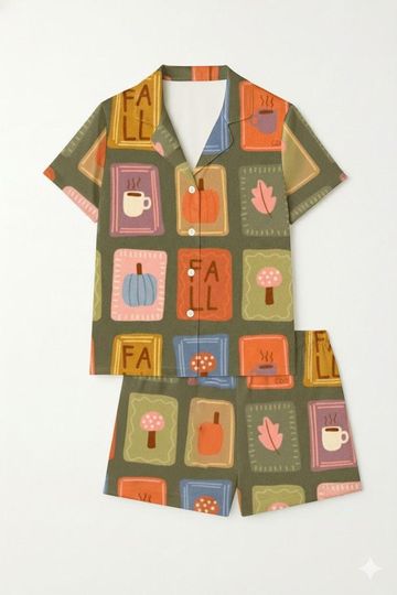 Retro Fall Coffee Pajama Set, Cozy Autumn Sleepwear