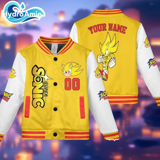 Personalize Super Sonic Varsity Jacket, Custom Sonic the Hedgehog Baseball Jacket